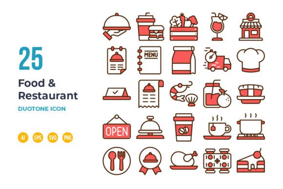 Food and Restaurant Icon Set in Duotone Graphics