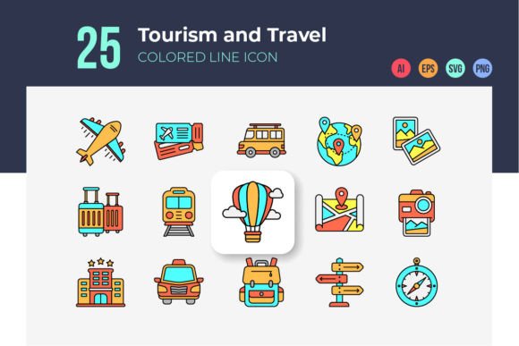 Tourism and Travel Icons Colored Line Graphics and Icons Review