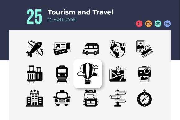Tourism and Travel Icons Glyph Style Graphics for Digital Products